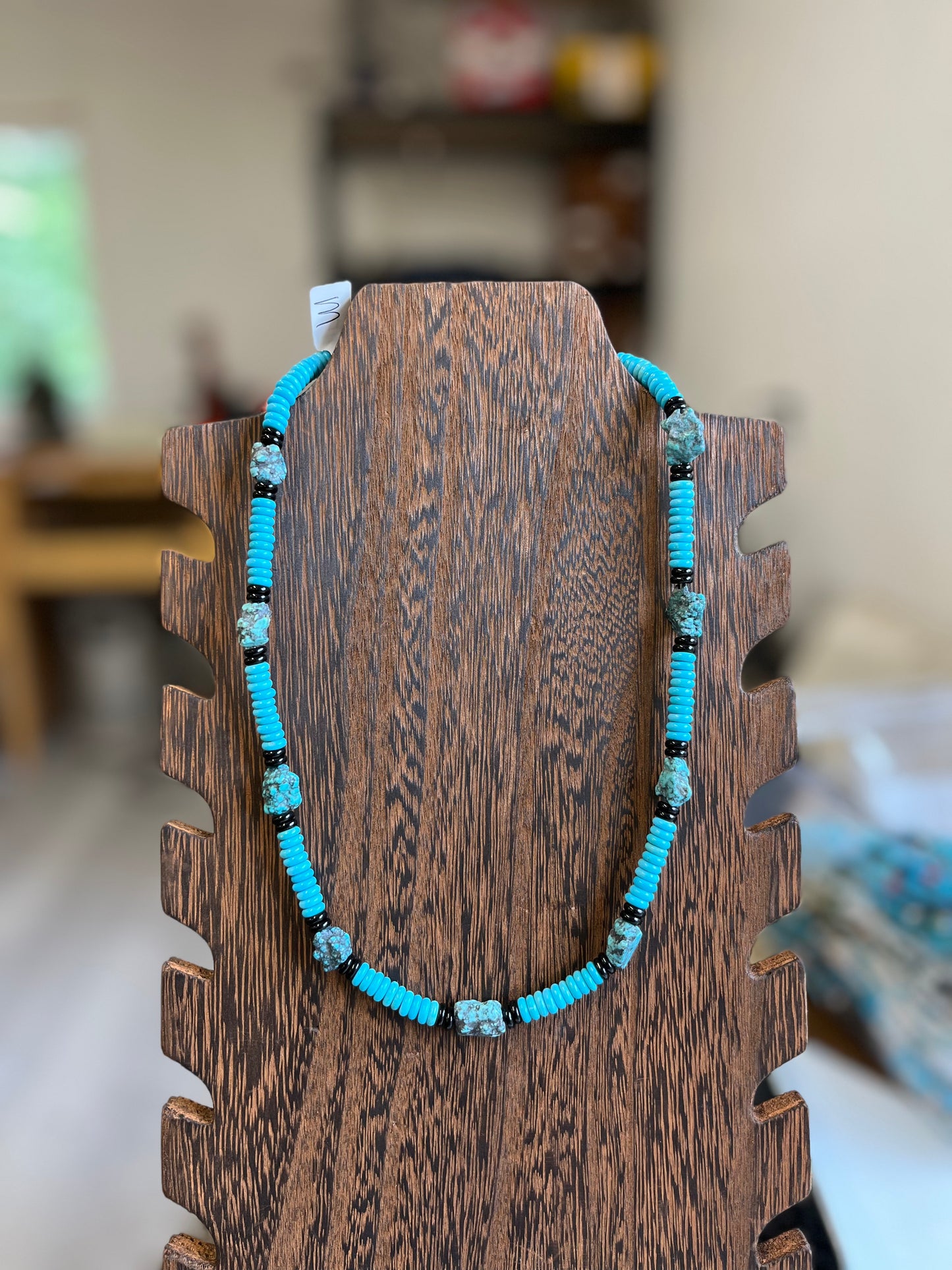 Turquoise Rondelle Nugget and Black Agate Necklace - 21"