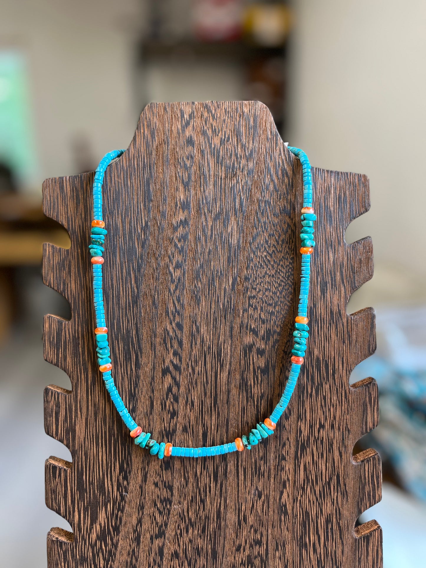 Turquoise Heishi, Nugget, and Spiny Oyster Necklace - 19"