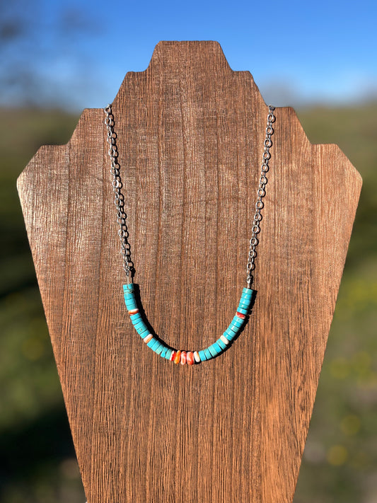 Turquoise Heishi and Spiny Oyster beaded necklace 18 inch