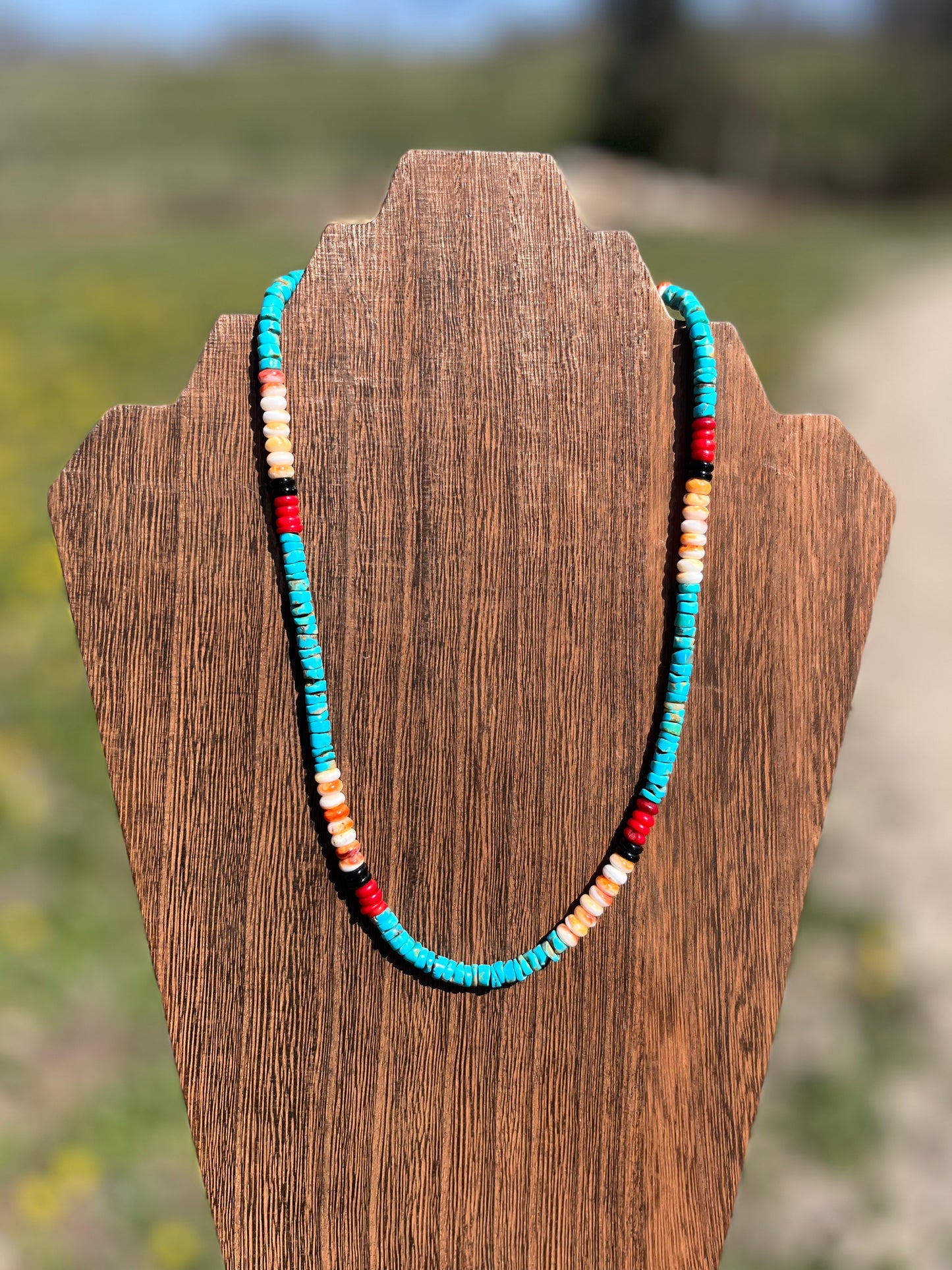 Spiny Oyster, Coral, Black & Turquoise Heishi Beaded Necklace