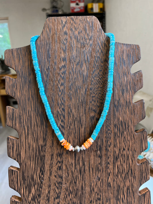 Turquoise, Spiny Oyster and Navajo Pearls Necklace - 17"
