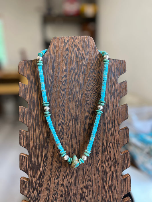 Turquoise Nugget, Navajo Pearl and Heishi Necklace - 20"