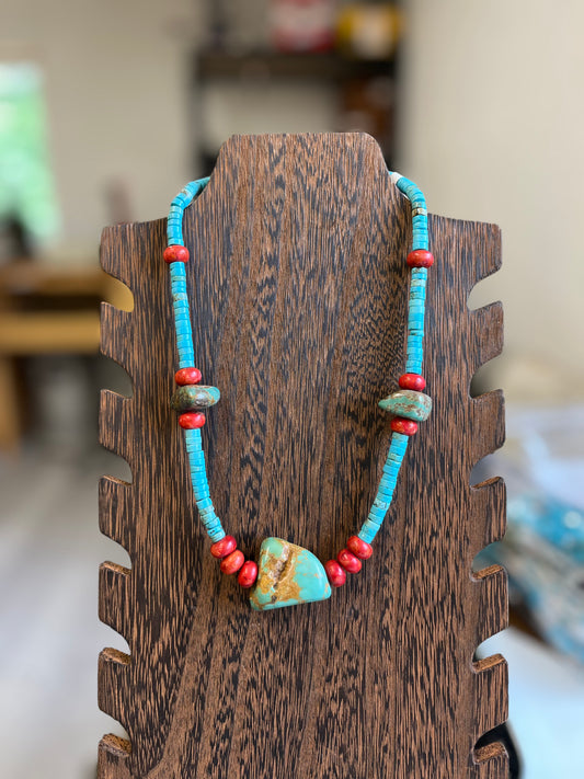 Turquoise, Coral, and Turquoise Chunk Necklace - 20"