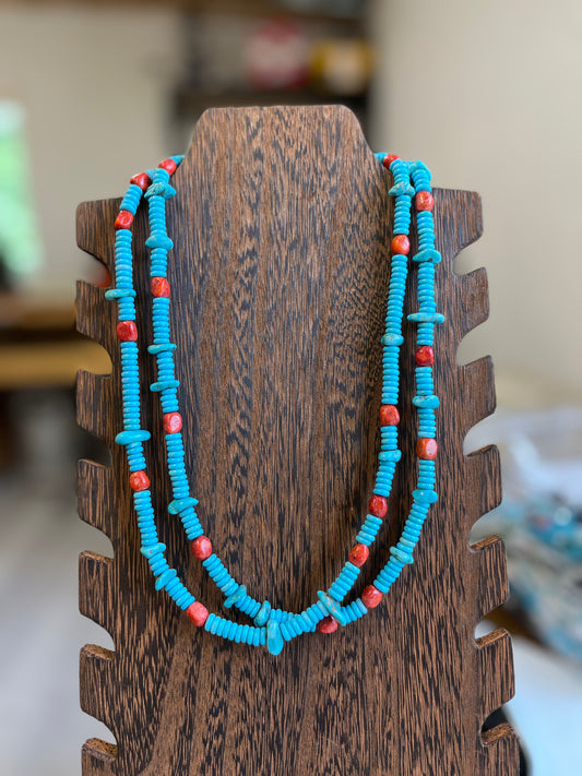 Coral and Turquoise Double Strand Necklace - 22"