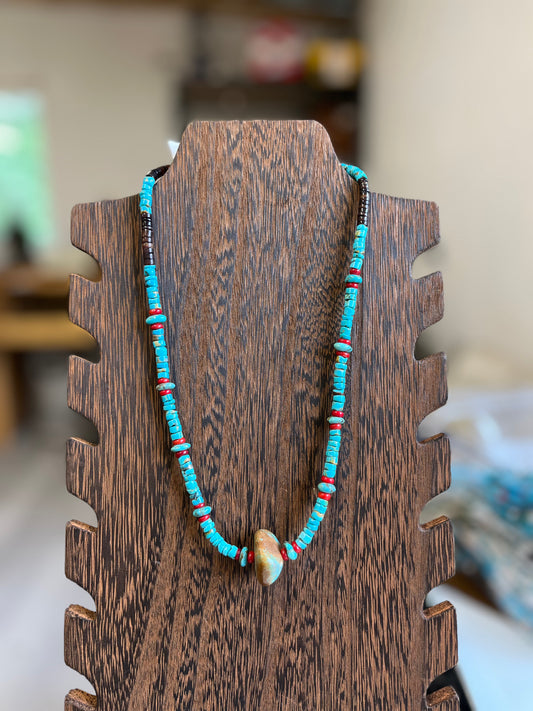 Turquoise, Coral, and Shell Necklace - 20"