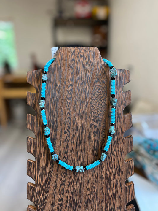 Turquoise Rondelle Nugget and Black Agate Necklace - 21"