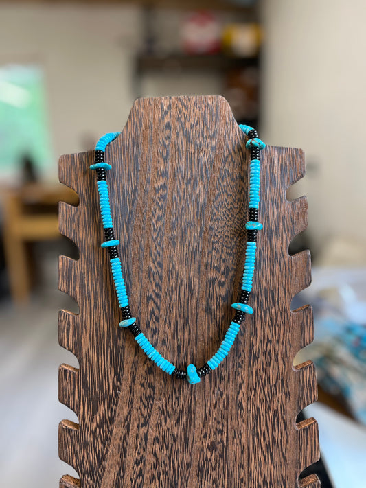 Black Agate Turquoise Rondelle and Chip Necklace - 19"