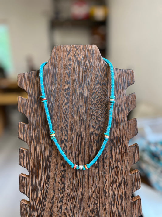 Turquoise Chip, Spiny Oyster, and Navajo Pearls Necklace - 18"